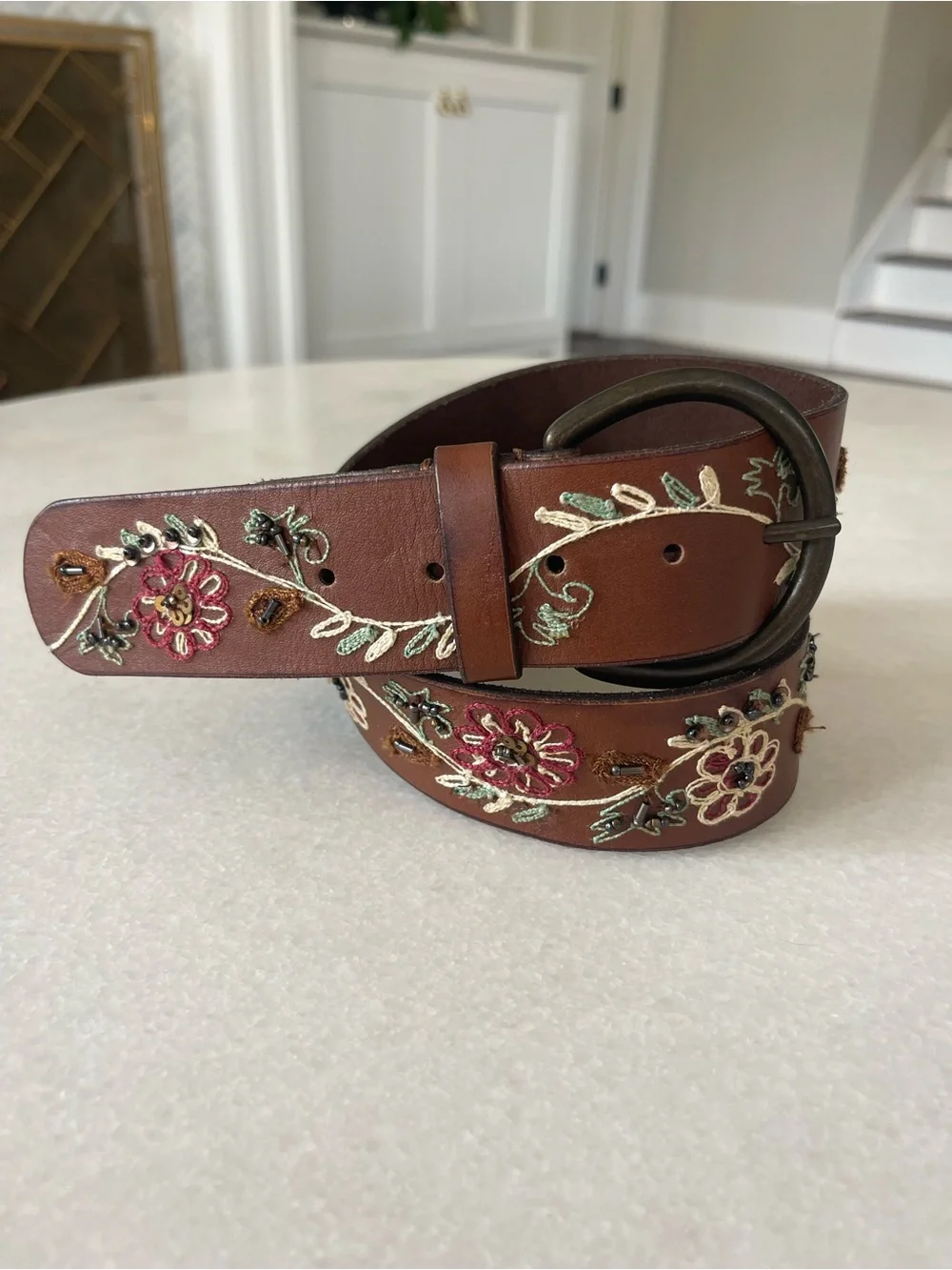 Brown Leather Belt Floral Embroidery Beading Boho Festival